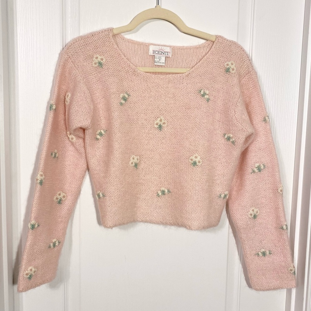 90s Kenji Daisy Embroidered Fuzzy Mohair Cropped Sweater HONG KONG MADE Pink M